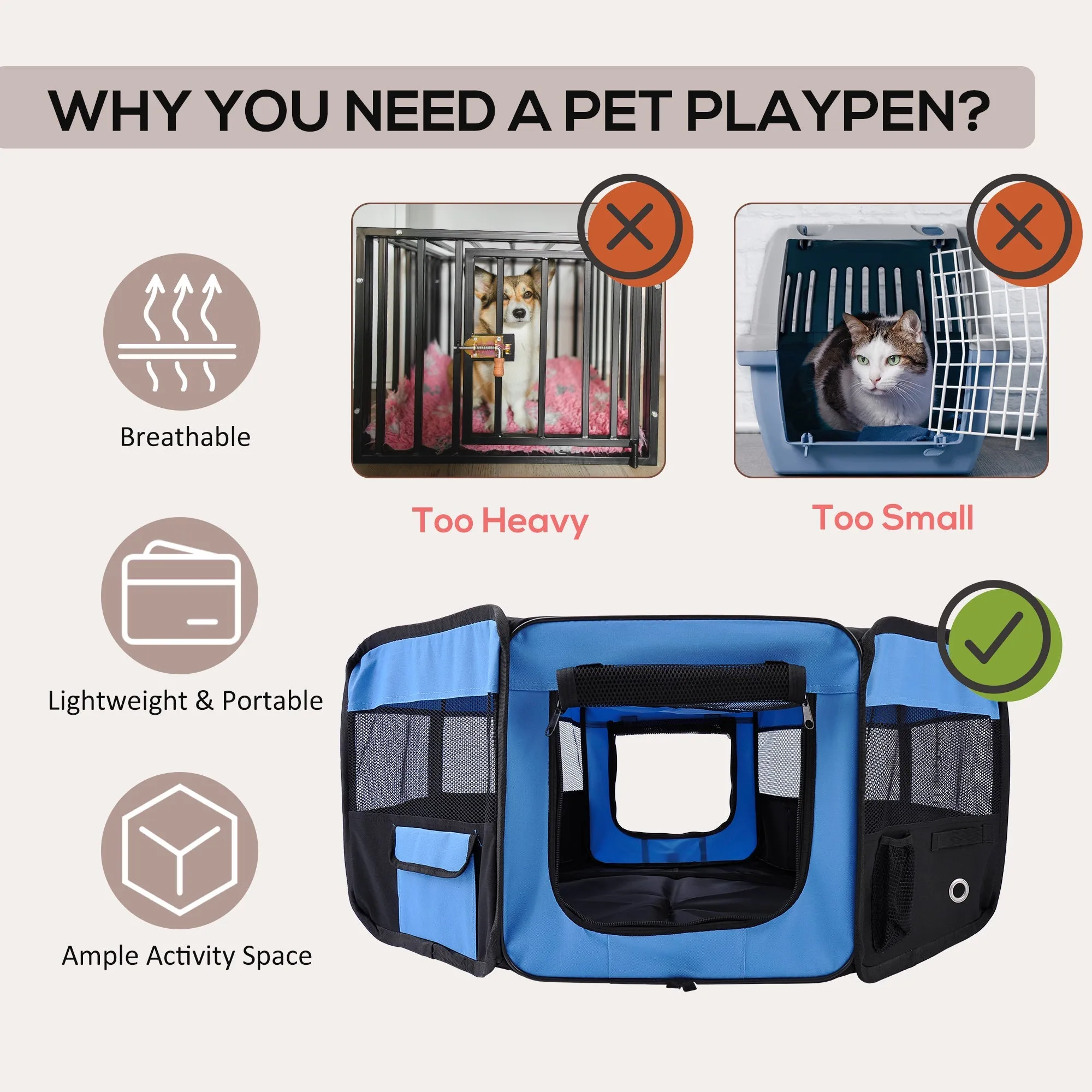 Fabric Pet Playpen 8-Panel Mesh Puppy Dog Pen Foldable Portable Rabbit Run for Cat Pig Guinea Dia 90 x 41H cm for Outdoor Use Blue