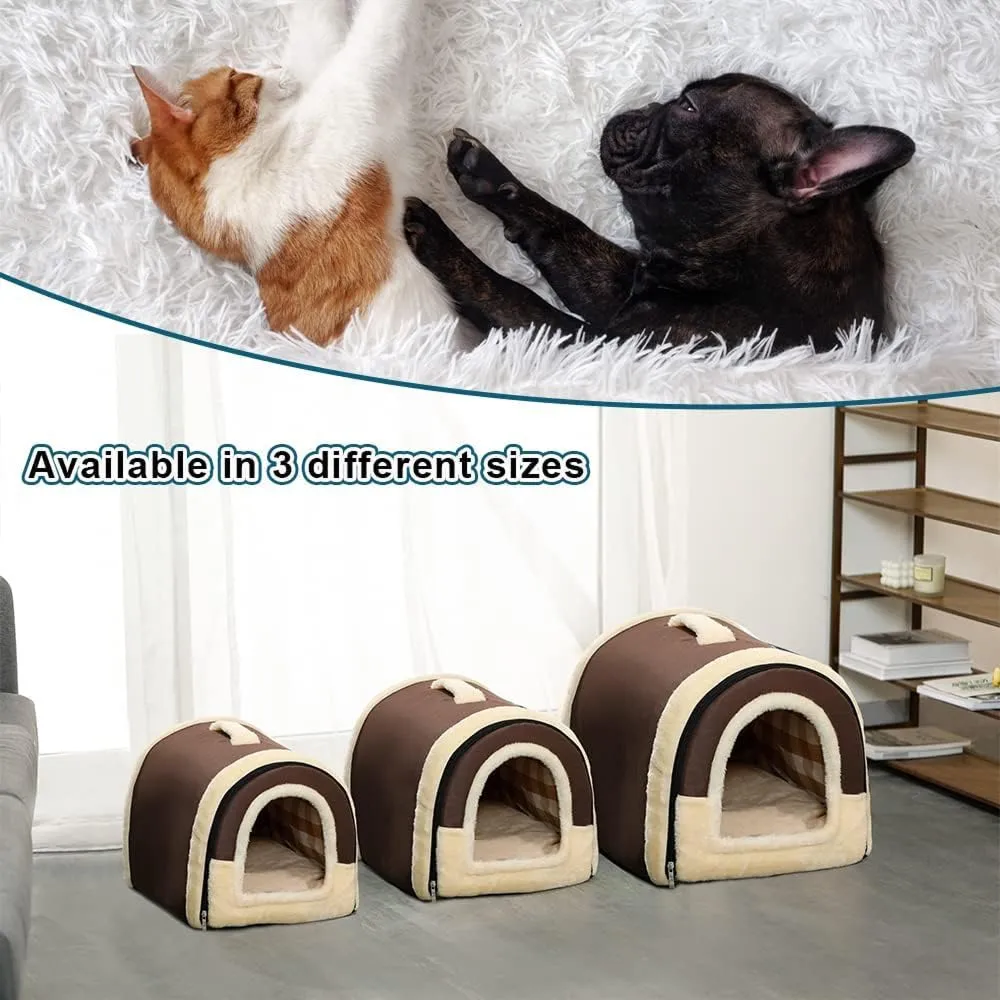Fluffy's Luxurious 2 in 1 Foldable Ultra Soft Pet House Bed for Dogs and Cats (Brown)