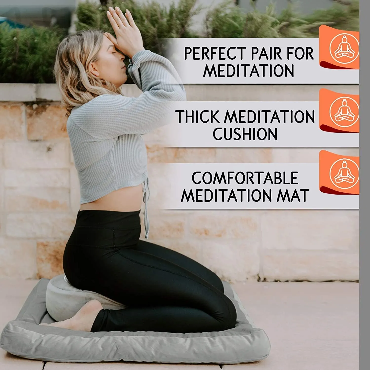 Meditation Cushion & Zabuton Meditation Mat Bundle- Premium Velvet Meditation Pillow for Women and Men,Washable Cover, Buckwheat round Floor Pillow & 100% Cotton Square Floor Cushion