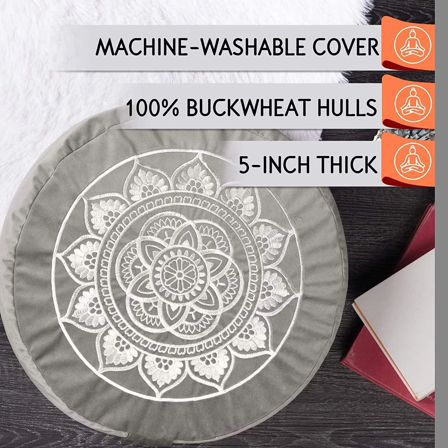 Meditation Cushion & Zabuton Meditation Mat Bundle- Premium Velvet Meditation Pillow for Women and Men,Washable Cover, Buckwheat round Floor Pillow & 100% Cotton Square Floor Cushion