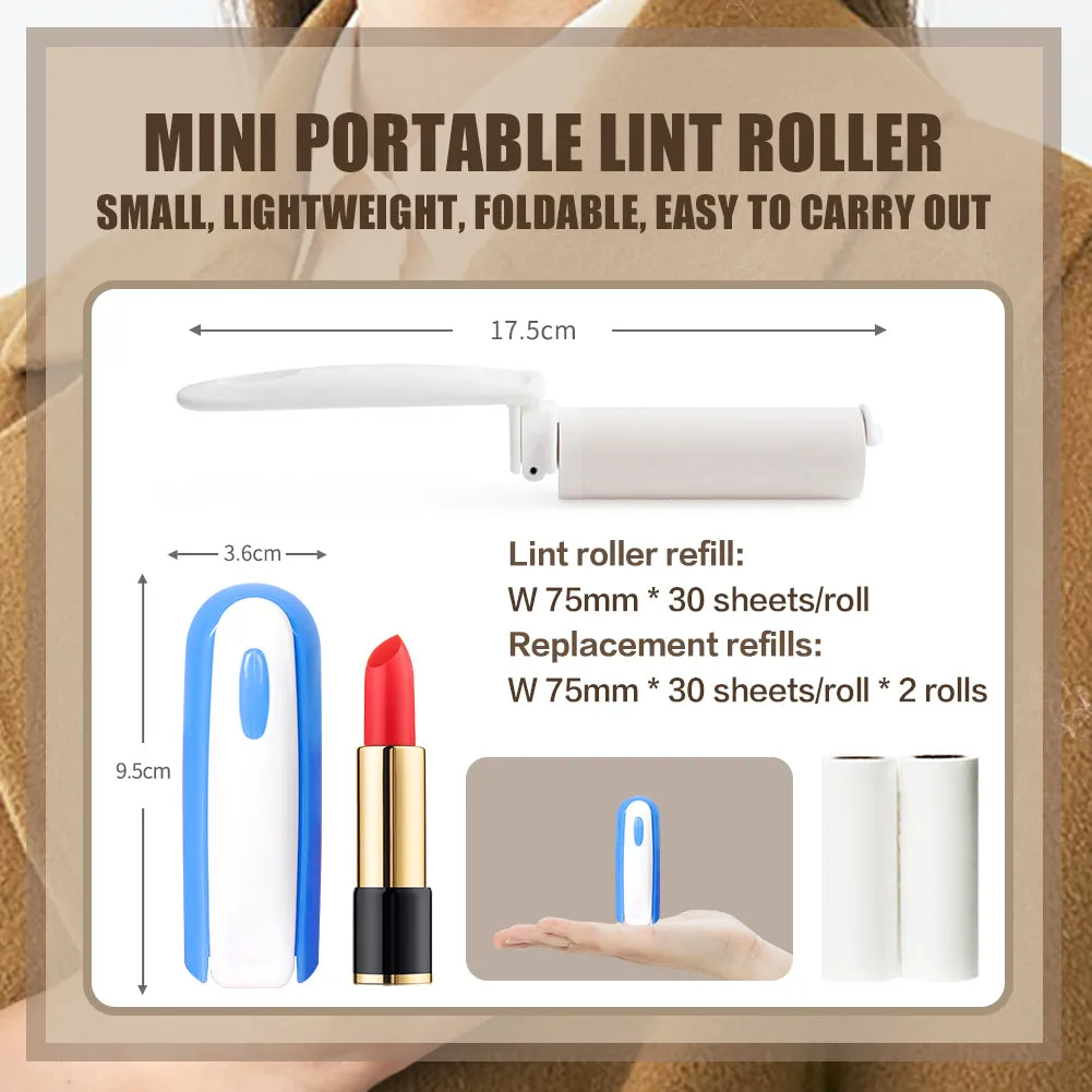 Mini Portable Lint Roller for Clothes Pet Hair Travel Size Pocket Lint Roller Refillable Sticky Roller with Extra Refills Foldable Lint Roller 90 Sheets Travel Essentials