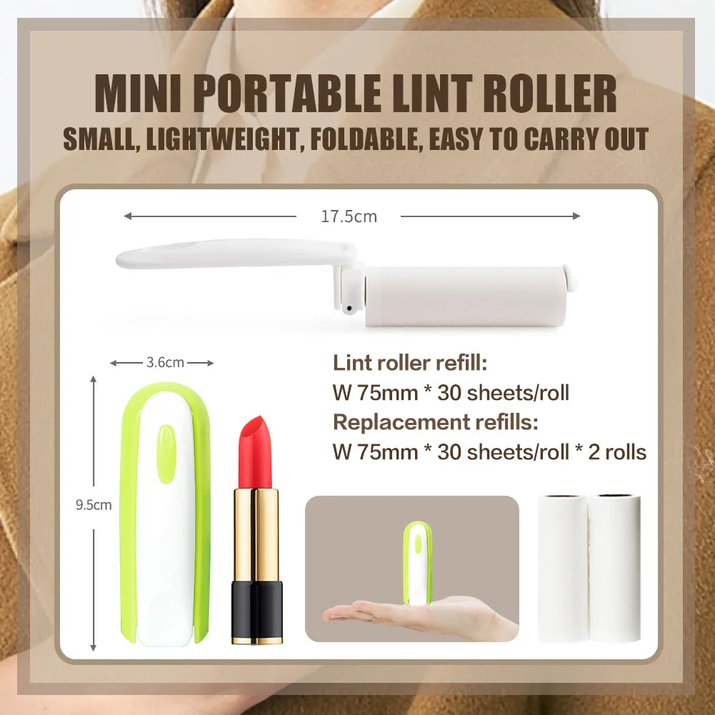 Pocket Lint Roller for Pet Hair Travel Size Sticky Roller for Clothes Refillable Lint Roller Foldable Small Lint Roller Travel Size with Extra Refills, Green 90 Sheets FuKuEn