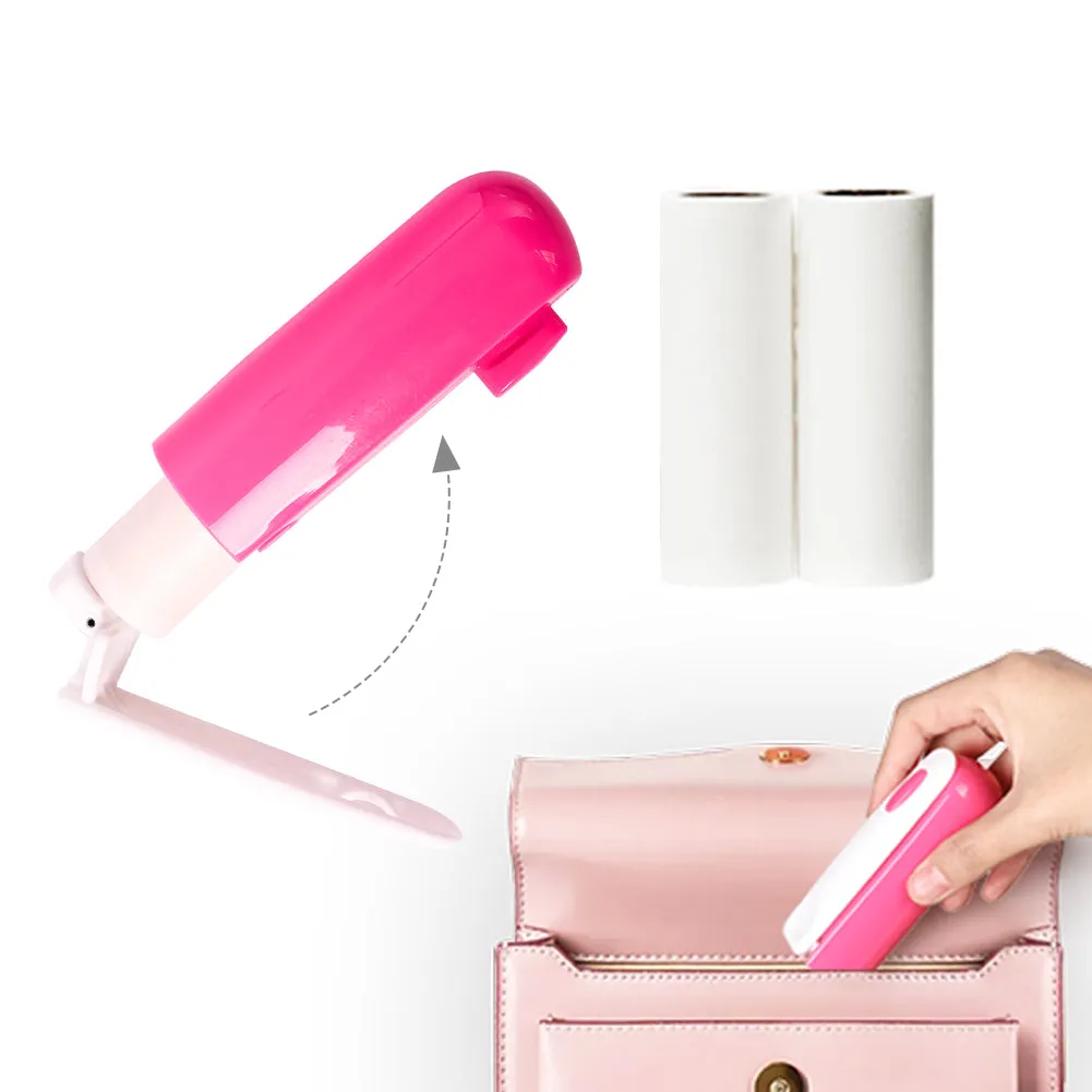 Travel Size Mini Lint Roller for Pet Hair Dust on Clothes Refillable Lint Roller Foldable Portable Sticky Roller with Extra Refills,Dust Tape Roller Pink Length 3.7 Inch 90 Sheets Purse