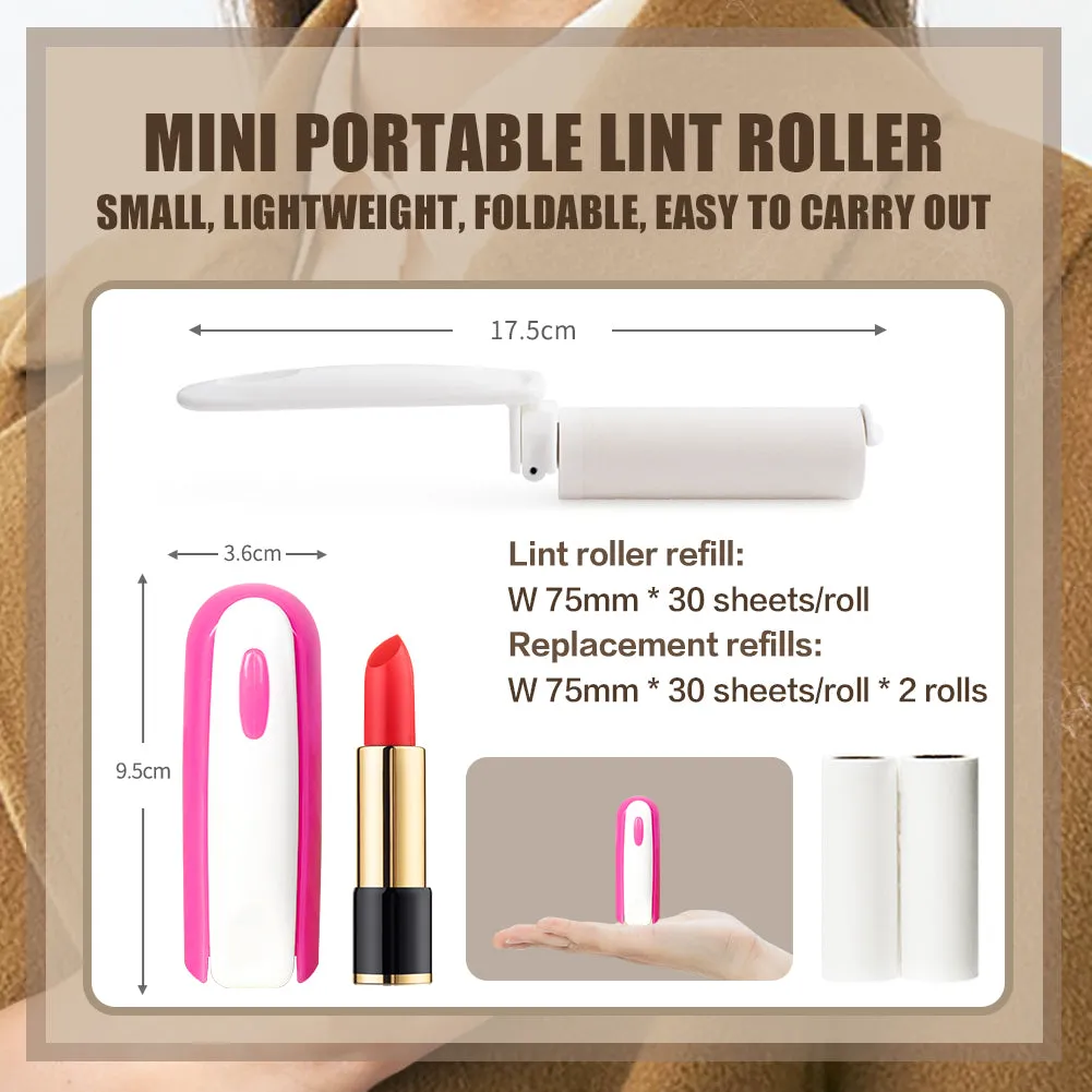 Travel Size Mini Lint Roller for Pet Hair Dust on Clothes Refillable Lint Roller Foldable Portable Sticky Roller with Extra Refills,Dust Tape Roller Pink Length 3.7 Inch 90 Sheets Purse